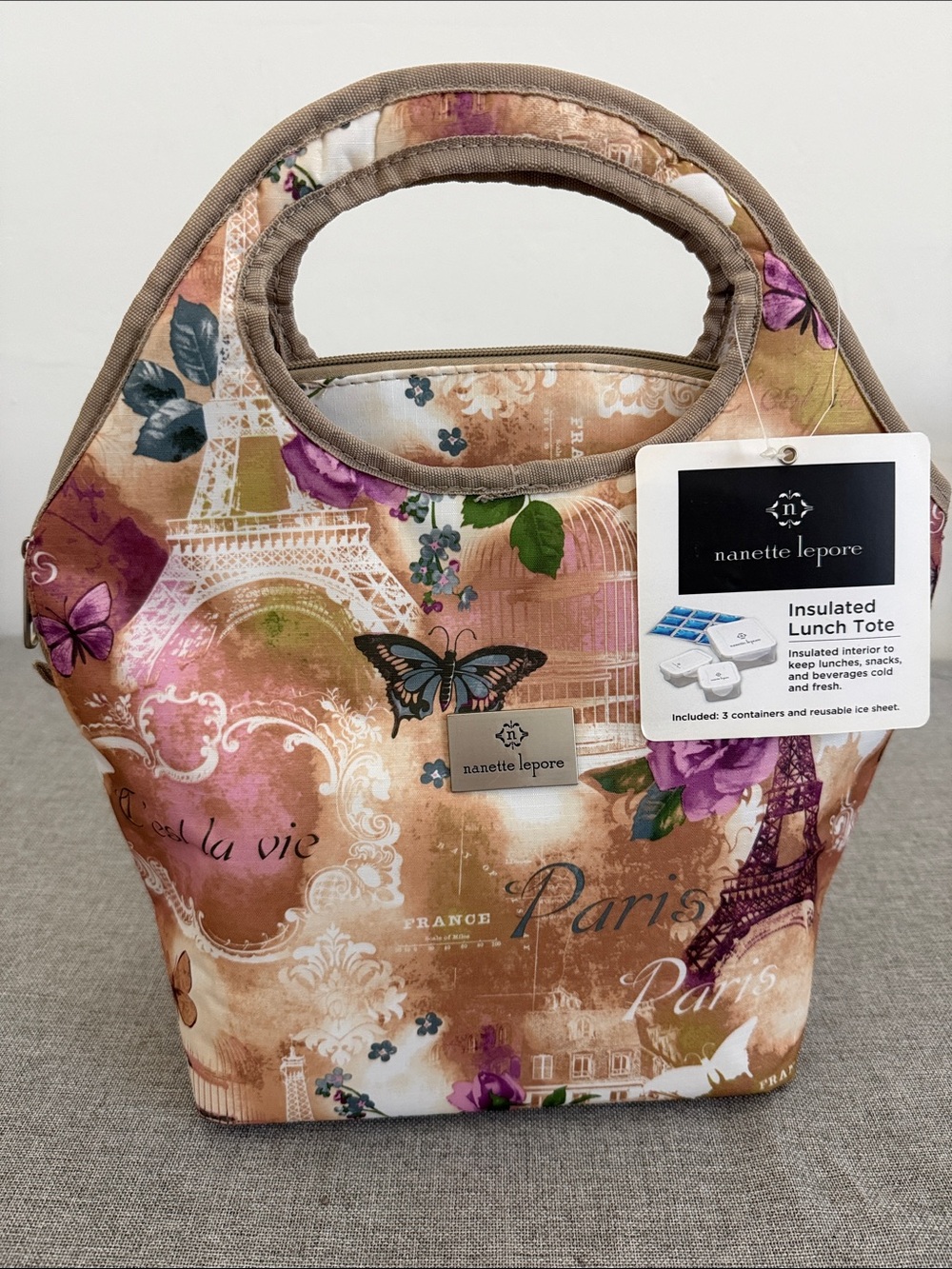 Nanette Lepore Paris Floral Butterflies Lunch Tote - Pink, Purple & Brown